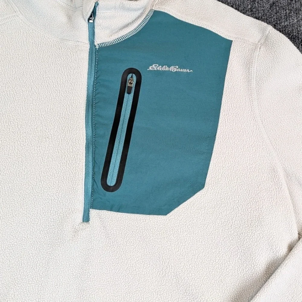 Eddie Bauer Mens Quarter Zip Fleece Pullover Gray Teal Pocket Size Large